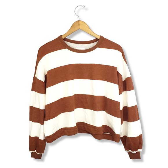 Lou & Grey White and Brown Colorblock/ Striped Oversized Sweatshirt Size Small - Picture 1 of 5